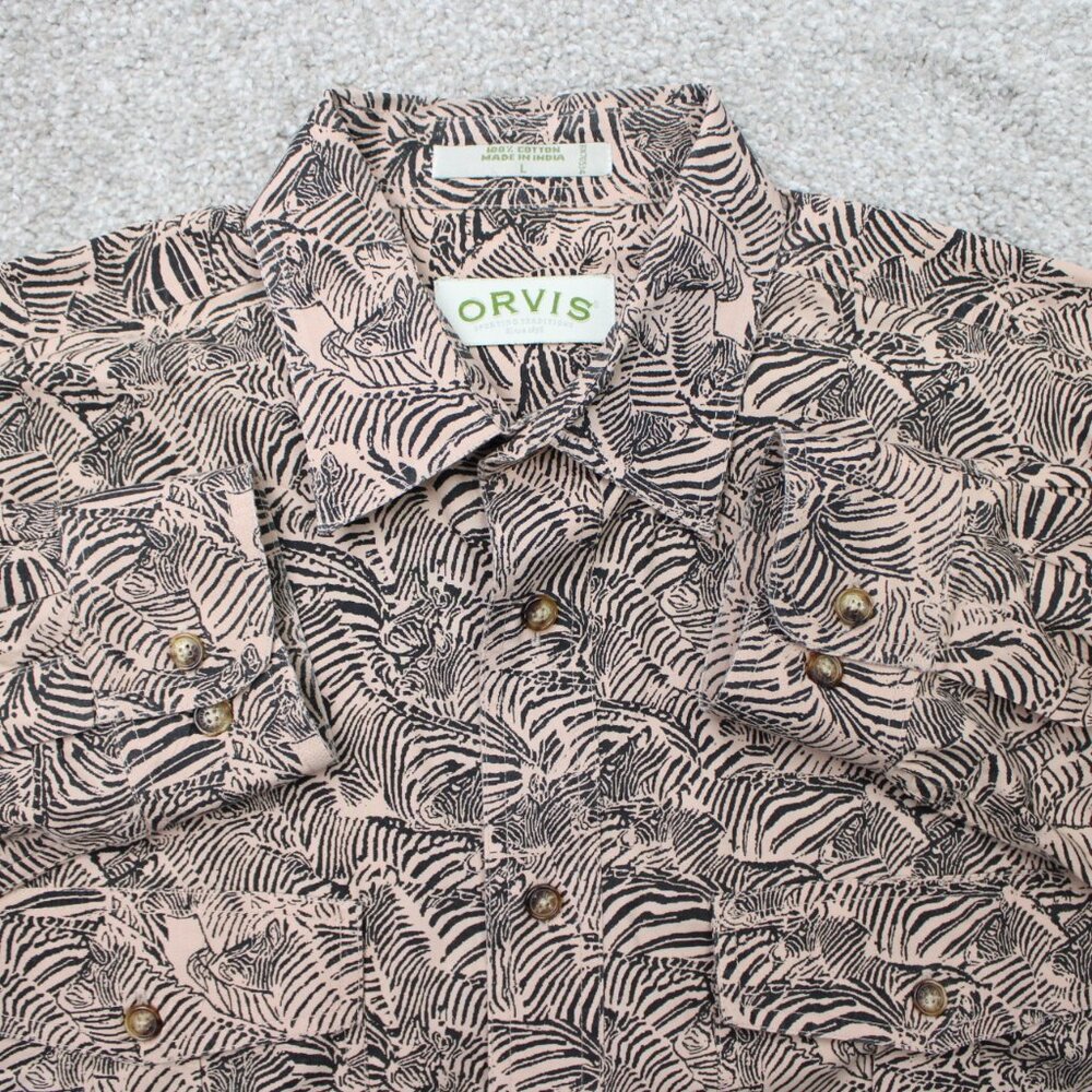Orvis Shirt Mens Large Tan/Black Geometric‎ 100% Cotton Long Sleeve Button Up